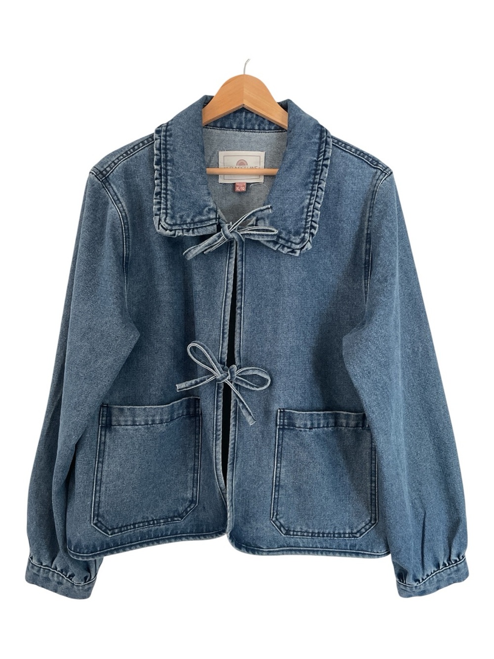 1 STATE LANE Denim Bow Tie Front Chore Jacket Ruffle Collar Women's XL med. wash